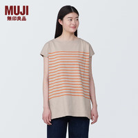 无印良品（MUJI）女式条纹法国袖束腰上衣短袖t恤打底衫纯棉 BB2PAA4S 橙色条纹 XL (165/92A )