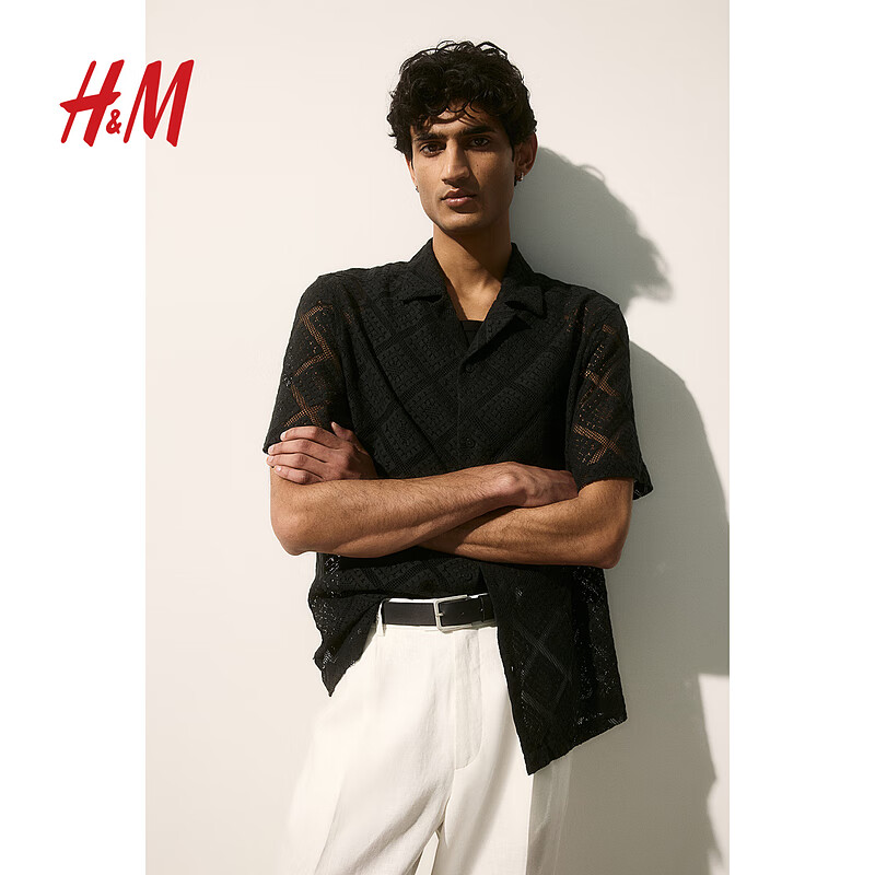 H&M男装2024夏季休闲纯色标准版型仿钩古巴领衬衫1226050 黑色 165/84