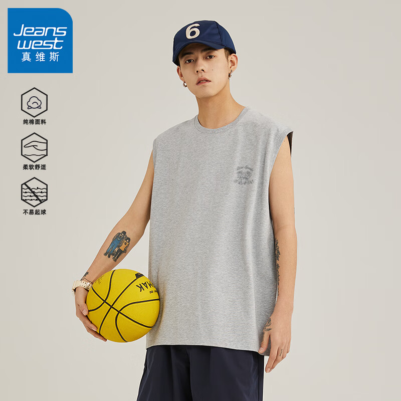 真维斯背心男美式休闲潮流无袖宽肩男士坎肩体恤宽松大码健身纯棉百搭GW