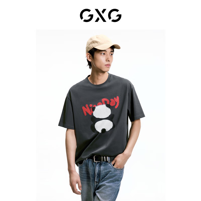 GXG男装    双色熊猫趣味印花休闲圆领短袖T恤男生上衣 24夏 灰色 170/M