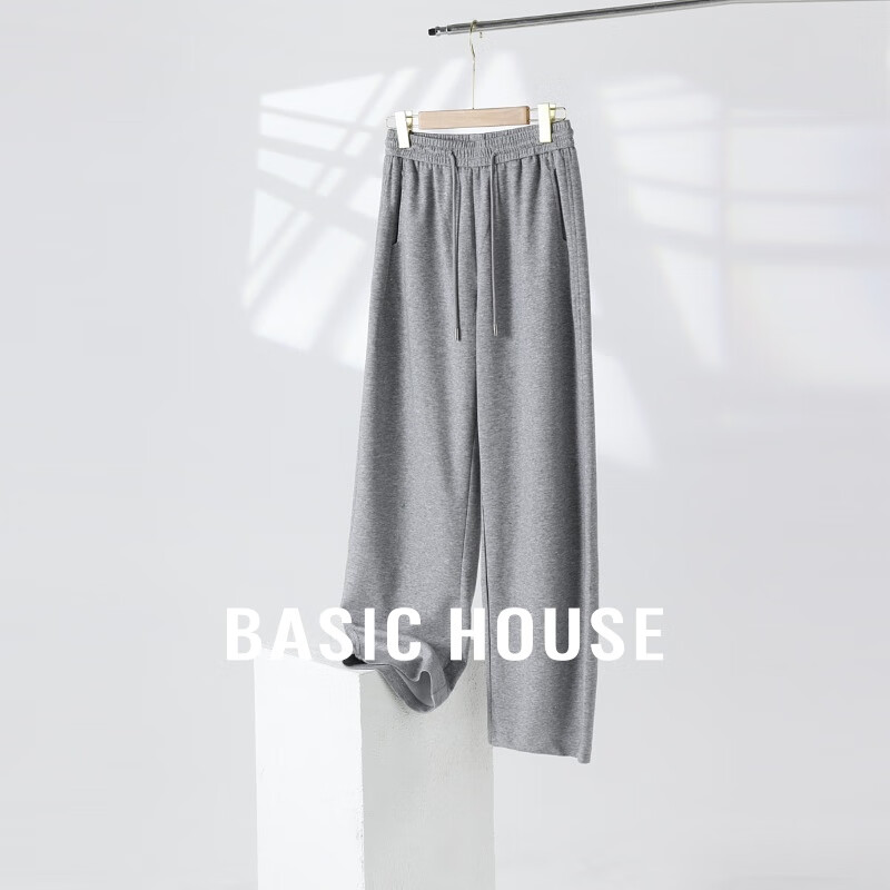 Basic House/百家好春季时尚直筒休闲宽松抽绳长裤-B0624H5V862 浅灰色 M100-110斤