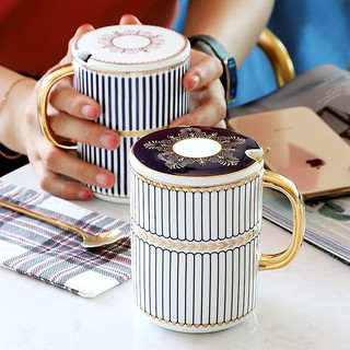 瓷侠客 创意个性咖啡杯子陶瓷马克杯带盖勺家用下午茶办公室轻奢杯子 神秘之约 马克杯带盖+金勺