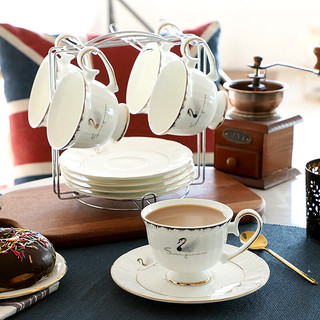 品来运 欧式创意咖啡杯碟套装小奢华 简约咖啡杯情侣杯英式红茶杯家用马克水杯 天鹅湖（6杯6碟+架子）