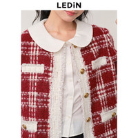 LEDIN 樂町 千金少女感紅色格紋小香風外套2023秋冬新款新年氛圍毛呢外套