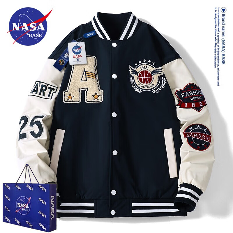 NASA BASE男装潮牌联名夹克男女款宽松外套衫字母飞行员棒球服 MD-22129-深蓝色（春秋款） 2XL（150-170斤）