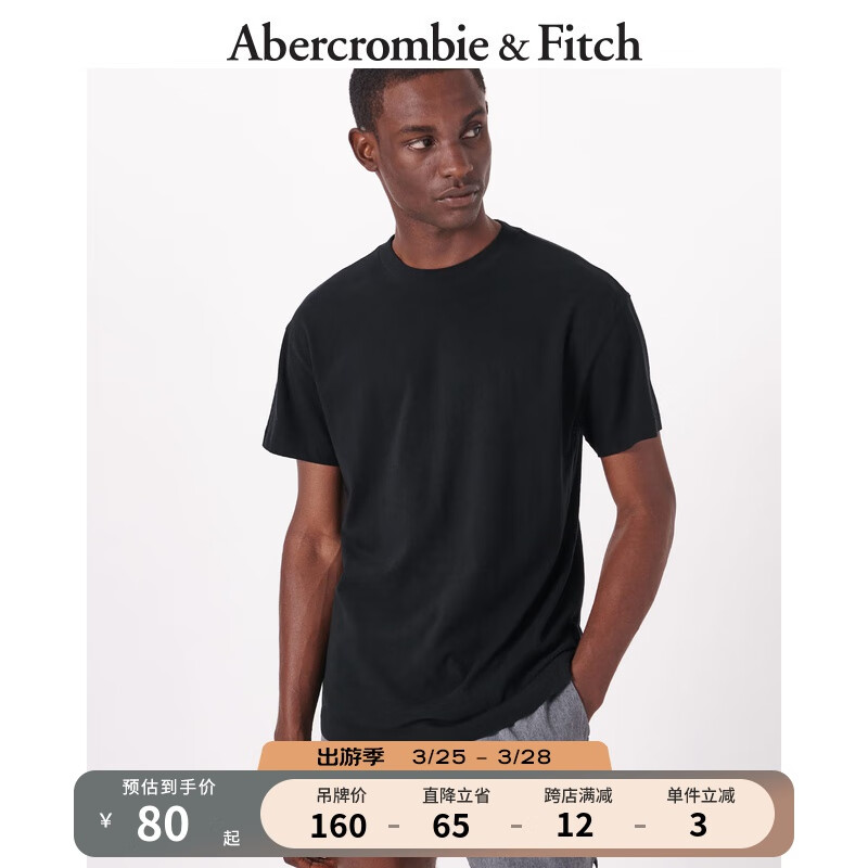 ABERCROMBIE & FITCH男装女装装 美式基本款宽松休闲圆领短袖纯色T恤315566-1 黑色 L (180/108A)