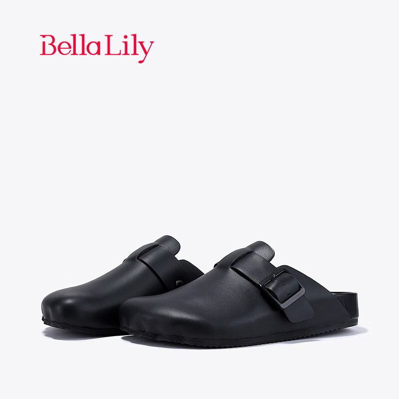 Bella Lily2024春季复古半包拖鞋女外穿真皮休闲鞋一脚蹬单鞋 黑色 35