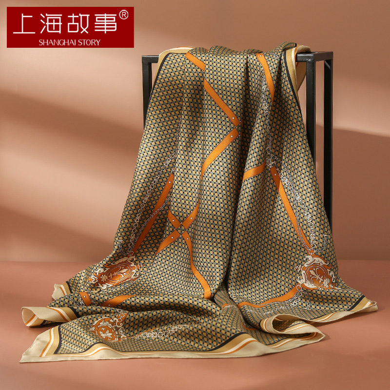 上海故事真丝大方巾丝巾女士100%桑蚕丝缎面围巾春礼盒款 骑士皮带-绿色