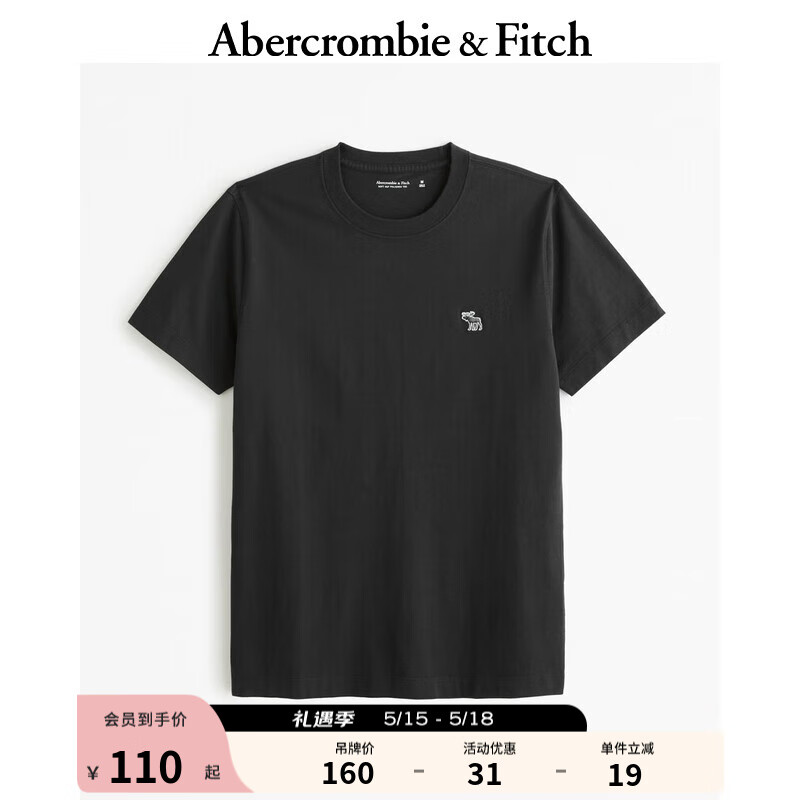 ABERCROMBIE & FITCH男装女装装 24春夏小麋鹿纯色圆领短袖T恤 358206-1 黑色 M (180/100A)