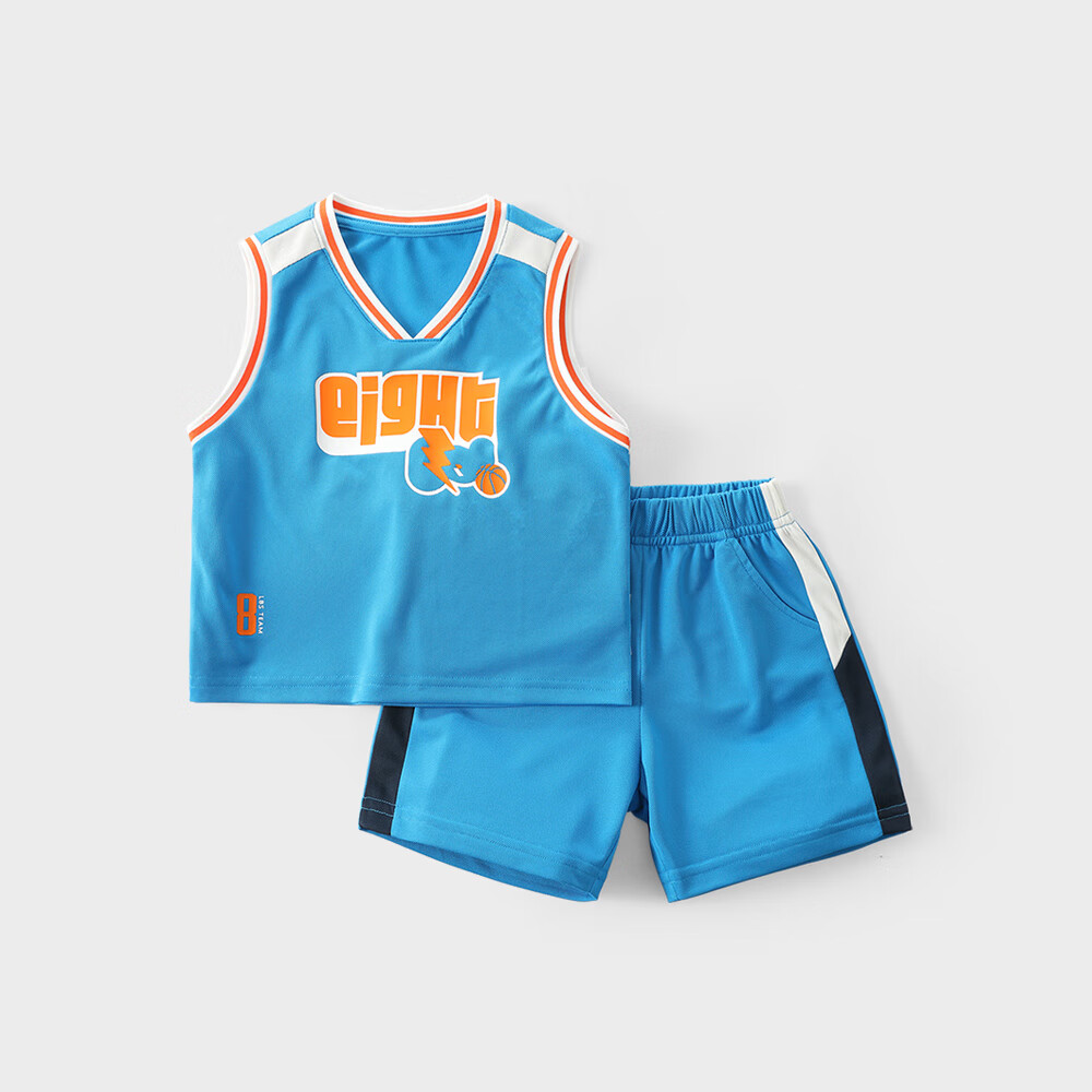 拉比树童装男童运动宽松套装2024年夏季宝宝时尚两件套跑步休闲潮 蓝色 130cm