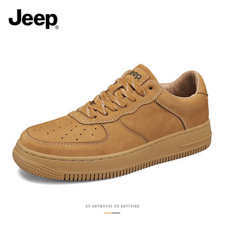 Jeep 吉普 男士板鞋2024新款头层牛皮软底运动休闲鞋英伦风百搭小白鞋潮 麦黄色 39 （标准运动鞋码）