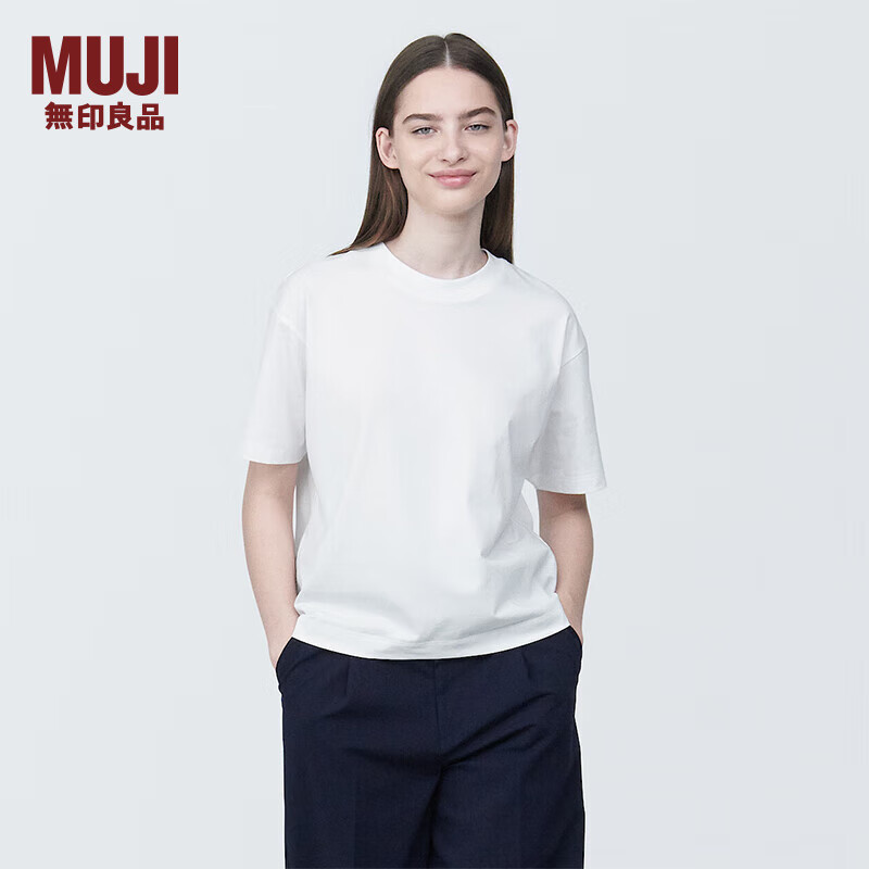 无印良品（MUJI）女式 天竺织圆领短袖T恤上衣打底衫女款内搭多巴胺 白色BB2P6C4S L (165/88A)