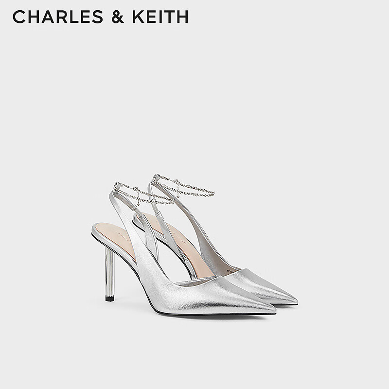 CHARLES&KEITH24夏亮钻链条腕带尖头高跟凉鞋女CK1-60280436 Silver银色 34