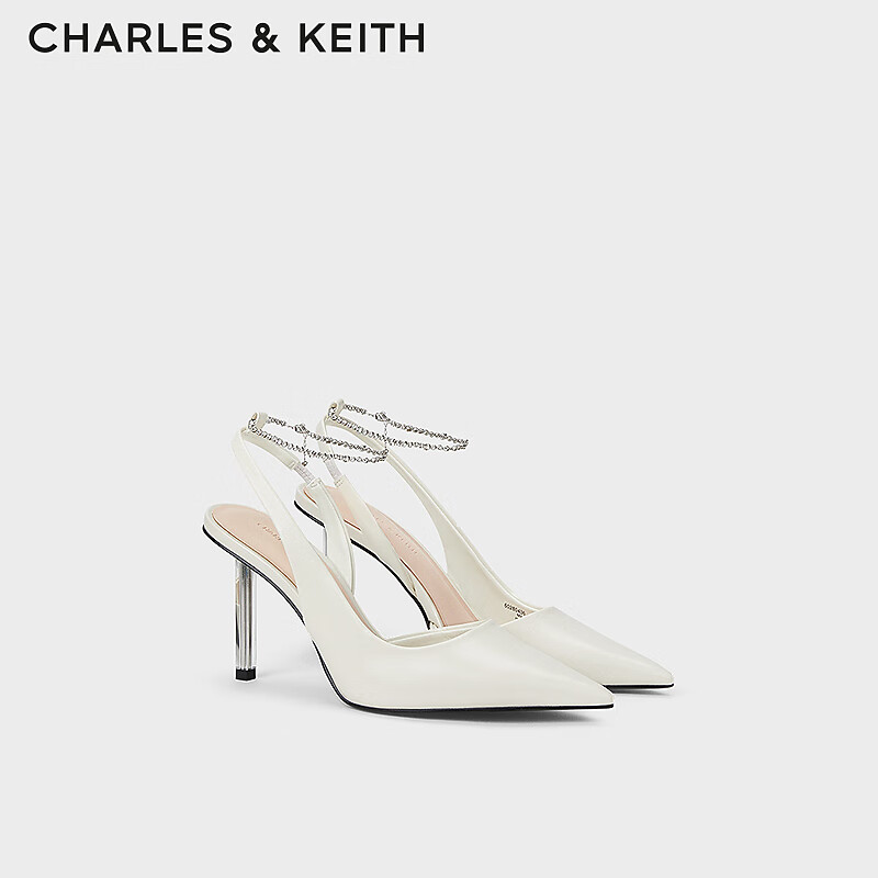 CHARLES&KEITH24夏亮钻链条腕带尖头高跟凉鞋女CK1-60280436 Cream奶白色 34