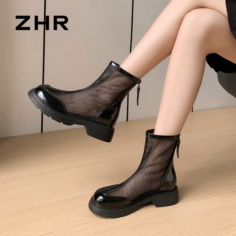 ZHR网靴女2024夏季厚底增高小个子薄款网纱凉靴透气马丁靴短靴子 黑色 35