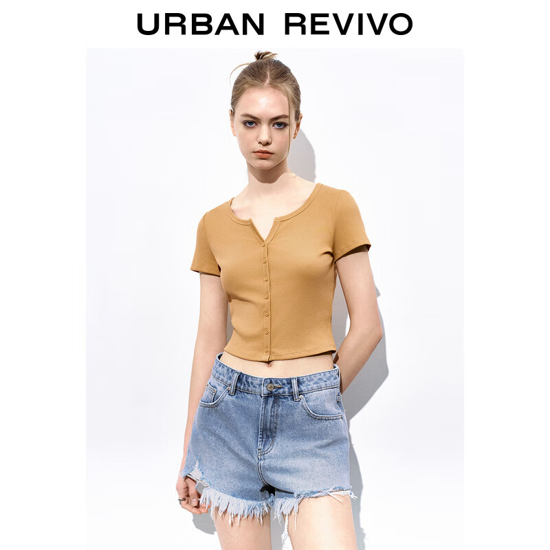 UR2024夏季女装时尚休闲修身短款圆领短袖T恤UWL440109 姜黄色 XL