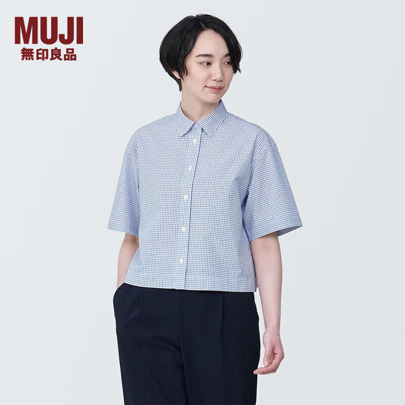 无印良品（MUJI）女式 凉感平纹衬衫领短袖衬衫 女士衬衣外套格子短款开衫纯棉 蓝色格纹 XL (165/92A)