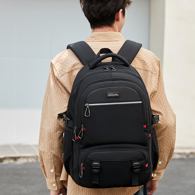 Edison大容量双肩包男士休闲旅行商务防泼水电脑背包中书包 E08-1G 黑色48L大容量版
