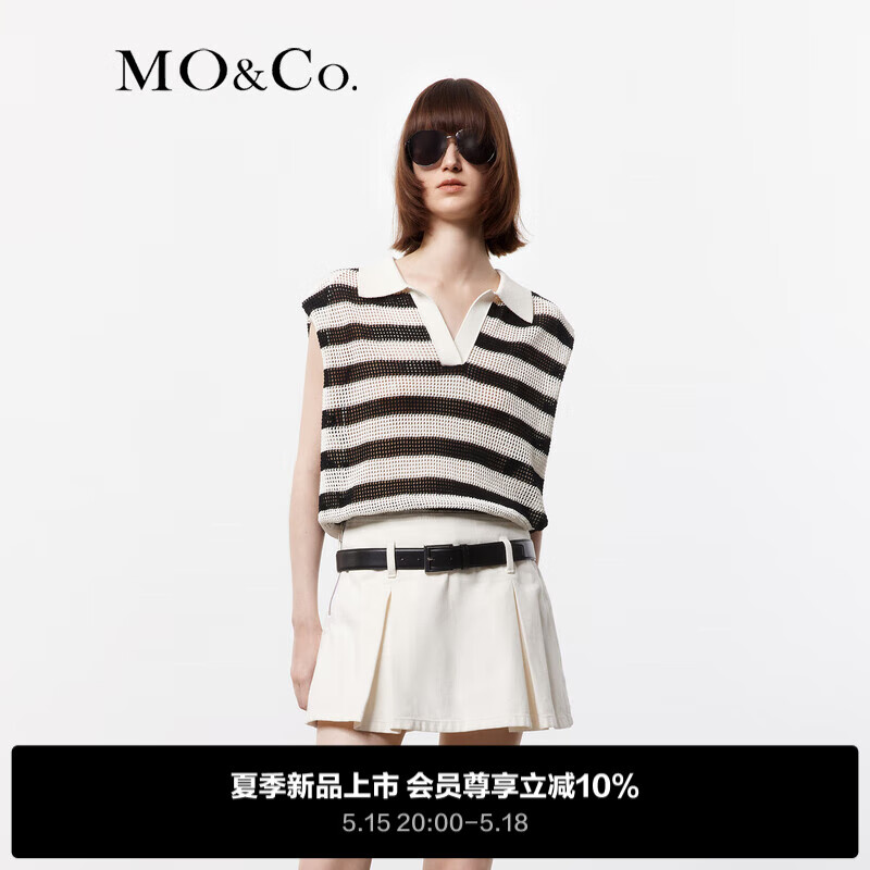 MO&Co.2024夏POLO领镂空挑孔轻薄宽松条纹针织衫MBD2SWT005 白黑条色 M/165
