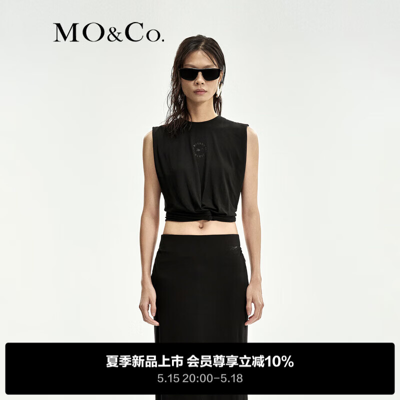 MO&Co.Reebok联名系列2024夏捏褶短款宽肩无袖T恤MBD2TEE045 黑色 M/165