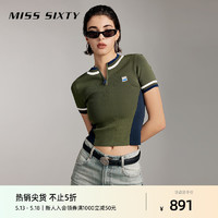 MISS SIXTY2024夏季针织衫女圆领短袖撞色条纹美式复古休闲风 军绿 M