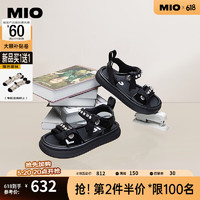 MIO 米奧（鞋） 米奧2024年夏季中跟休閑涼鞋閃鉆魔術貼簡約一字帶厚底涼鞋女 黑色 37