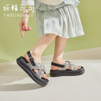 YAOJINGCOCO 妖精可可 2024夏季新款布加皮青花抹茶國風面包涼鞋厚底沙灘鞋H1
