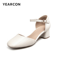 YEARCON 意爾康 女鞋2024春夏女士方頭羊皮單鞋真皮包頭涼鞋法式皮鞋粗跟