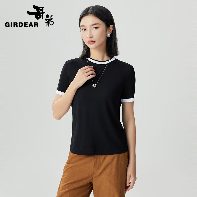 哥弟【GD】同心协力系列黑白拼色冰丝短袖针织T恤衫女1399733 黑色 2XL (6码)