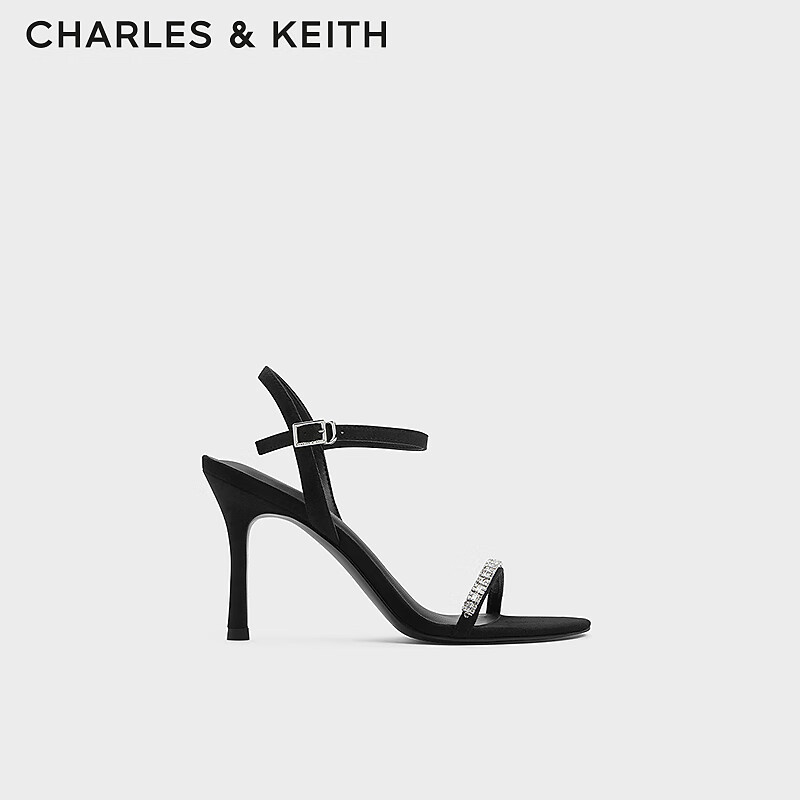 CHARLES&KEITH亮钻一字带露趾高跟凉鞋女CK1-60920361 BLACK TEXTURED黑色纹理 36