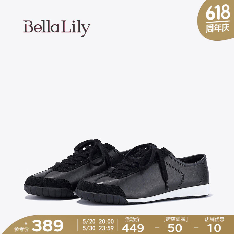 Bella Lily2024夏季黑色轻便德训鞋女牛皮透气板鞋减龄休闲鞋 黑色 36