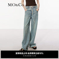 MO&Co.2024夏新品抽绳中低腰做旧毛边含桑蚕丝牛仔裤MBD2JEN004