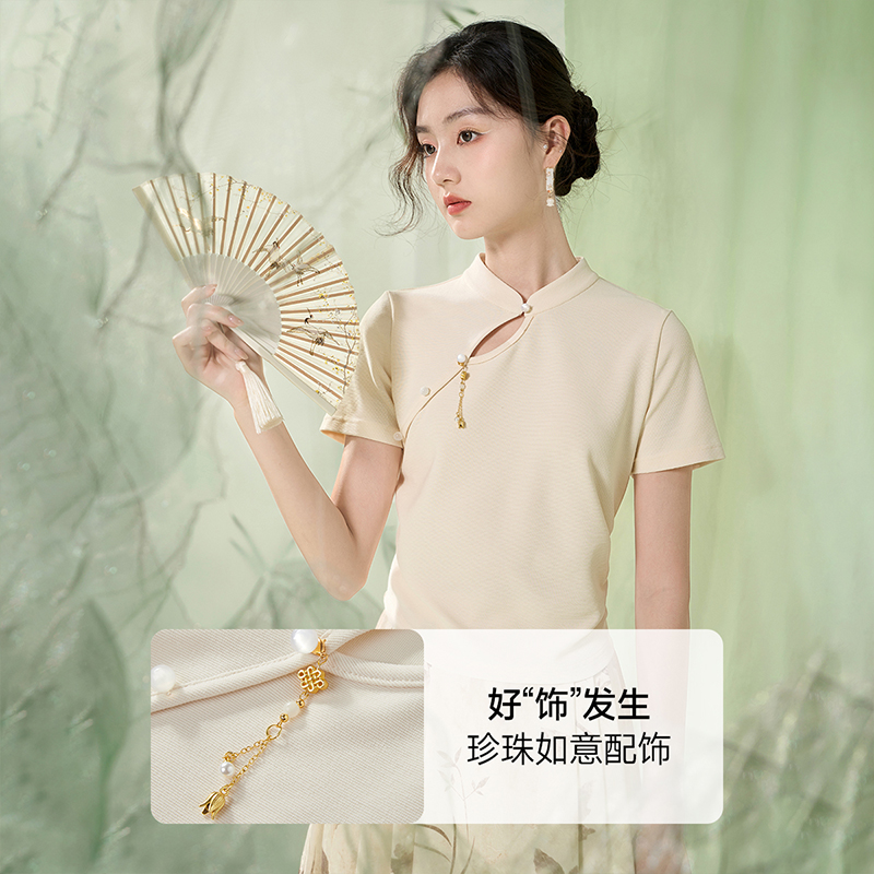 香影新中式国风t恤女短袖2024夏季米白斜襟立领修身正肩上衣