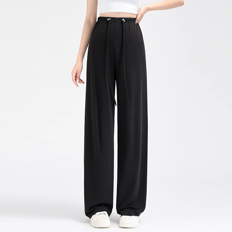 猫人（MiiOW）铜氨丝裤子夏季薄款外穿抽绳无托腹孕早期直筒阔腿裤夏装 黑色 L