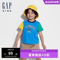 Gap男幼童2024夏季纯棉小熊印花logo撞色短袖T恤上衣465360 蓝色 90cm(1-2岁) 亚洲尺码