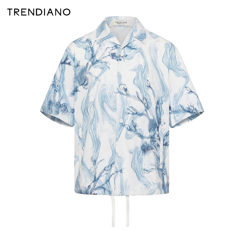 TRENDIANO水墨晕染复古外搭衬衫2024年夏季新款抽绳质感个性上衣 浅蓝