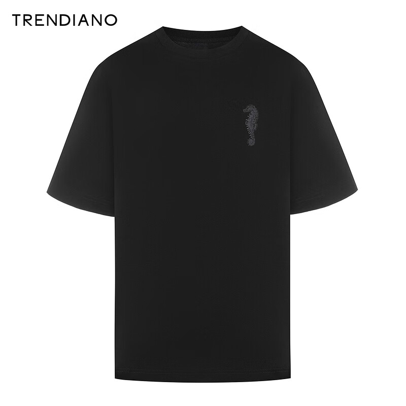 TRENDIANO潮趣烫印字母圆领T恤2024年夏季美式趣味穿搭短袖男 黑色 S