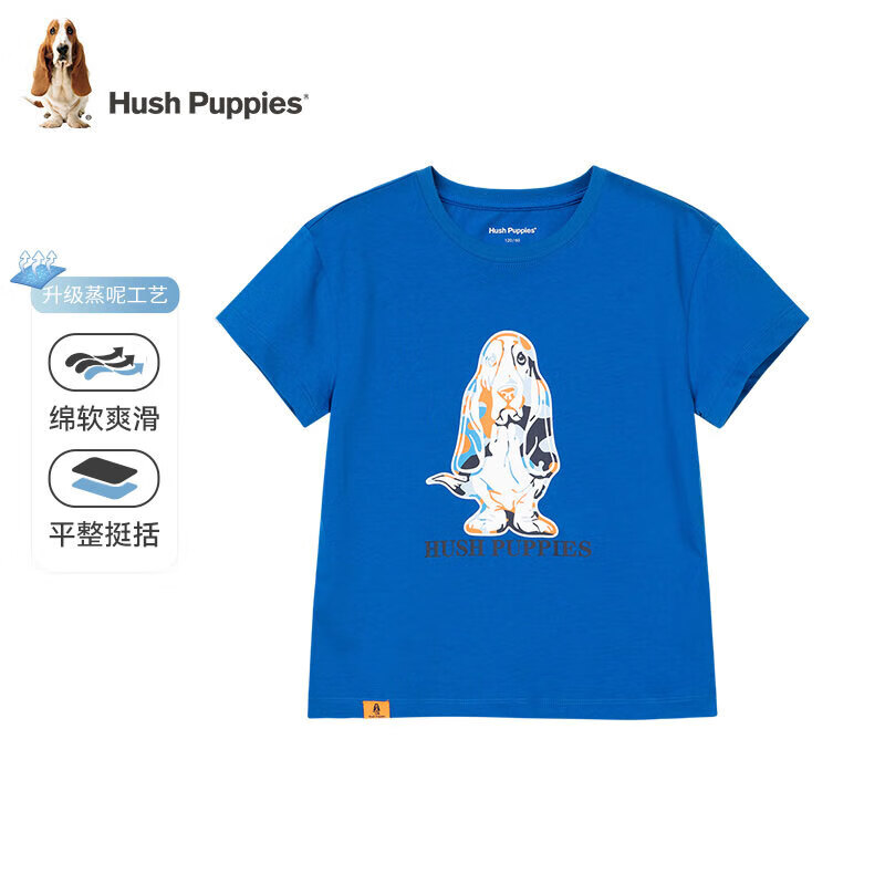 暇步士（Hush Puppies）童装男女童短袖圆领衫儿童短袖舒适柔软透气吸汗不易变形时尚休闲 (A款)宝蓝 105cm