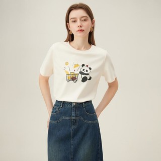 开心熊猫减龄印花T恤2024夏休闲百搭圆领短袖上衣女