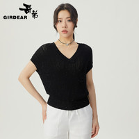 哥弟【GD】2024夏季V领珠片冰丝套头短袖针织衫女1399605 黑色 XL (5码)