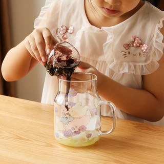 蓝莲花 吸管杯儿童玻璃水杯带刻度家用高硼硅耐热玻璃杯子带盖小兔