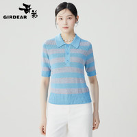 哥弟【GD】3D无缝一线成衣 条纹拼色Polo短袖针织T恤衫女1399718 蓝色 M (3码)