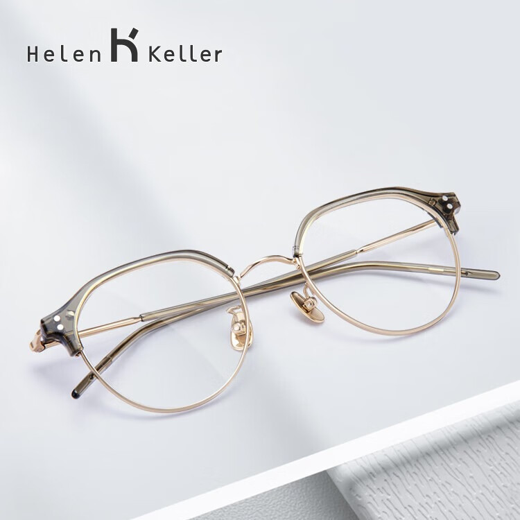 海伦凯勒近视眼镜文艺半框显白配色圆形眼镜可配度数H9358 C3/P透色+玫瑰金