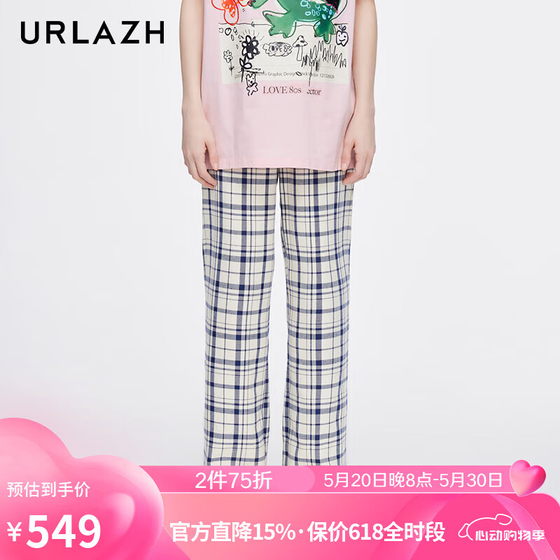 有兰（URLAZH）新款复古洋气法式蓝白格纹宽松直筒休闲裤女LL2PA17 海蓝