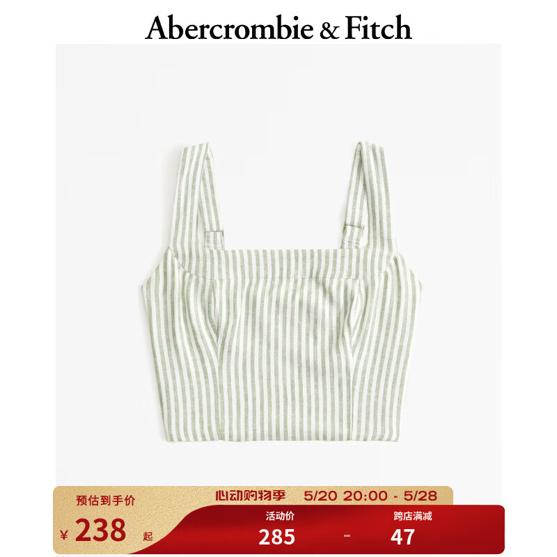 ABERCROMBIE & FITCH女装 24春夏复古美式亚麻混纺辣妹套装背心上衣 KI140-4175 绿色条纹 M (165/96A)