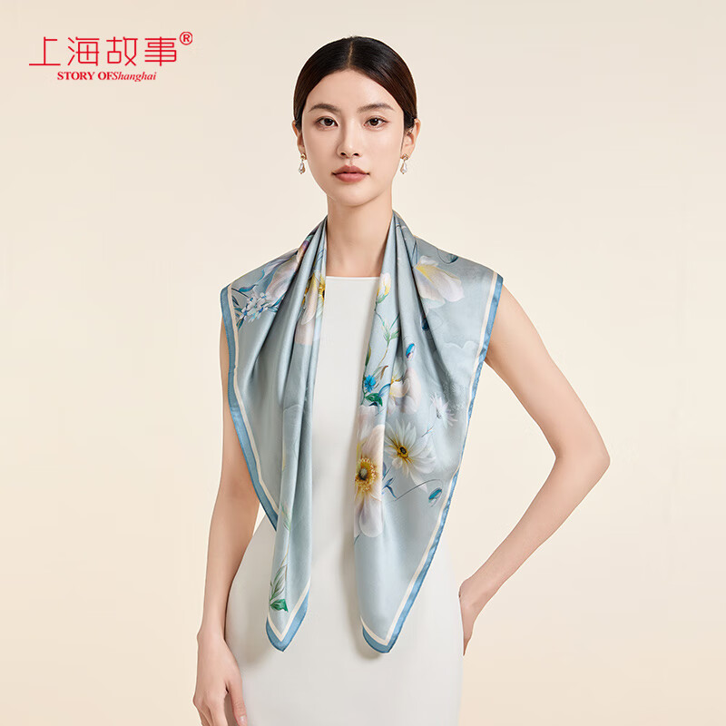 上海故事（STORYOFshanghai） 真丝丝巾女2024中国风大方巾送婆婆长辈礼盒装 春色迷人蓝 88×88cm