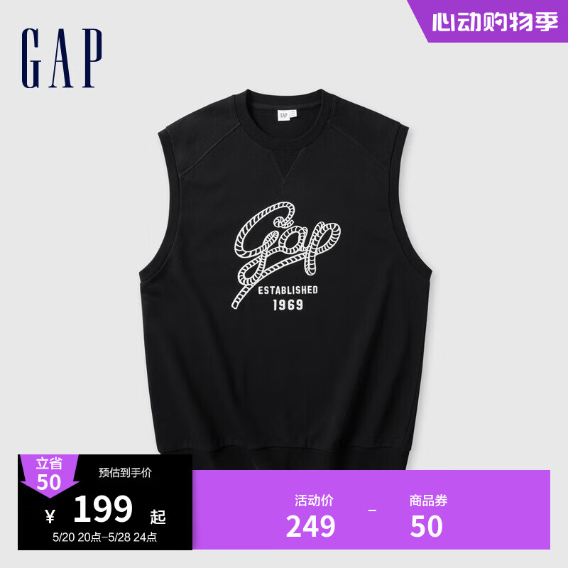 Gap男女装2024夏季法式圈织柔软字母logo无袖卫衣上衣465632 黑色 175/96A(L) 亚洲尺码