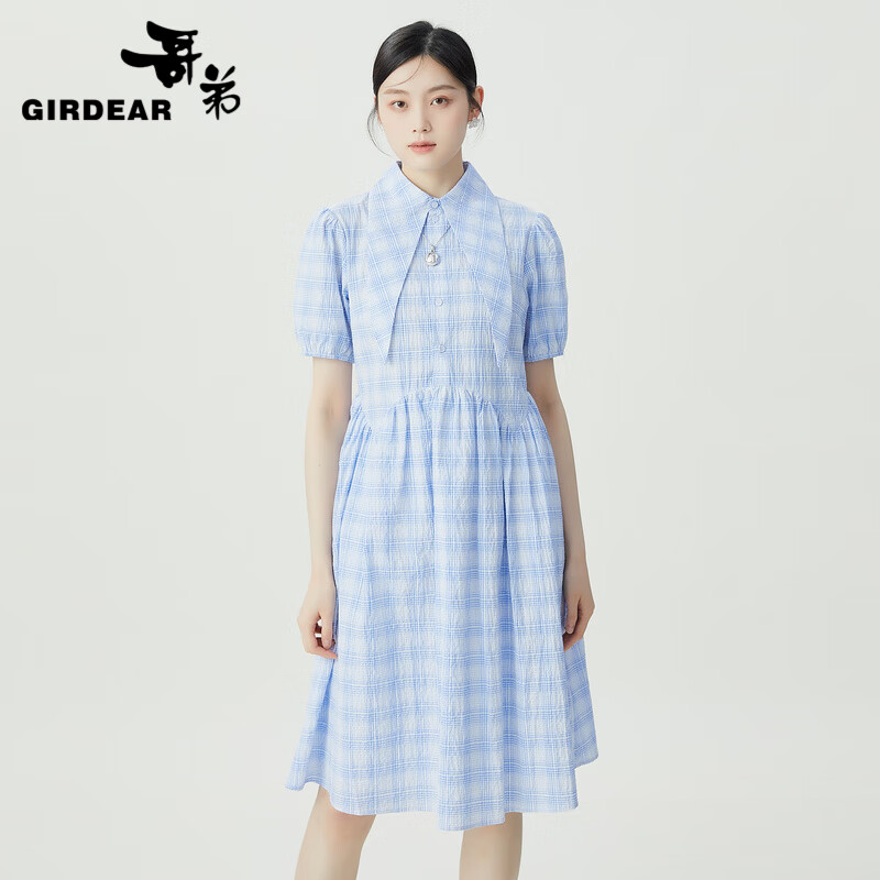 哥弟【GD】夏日减龄尖领造型感泡泡袖纯棉洋装连衣裙1500518 蓝格纹 M (3码)