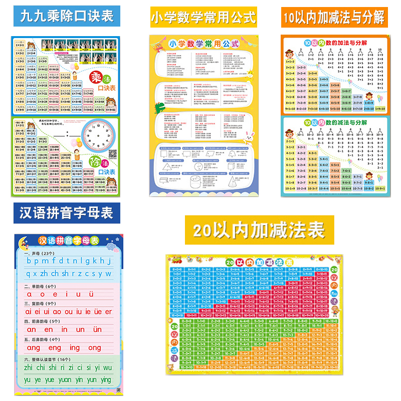 智迪星小乘除口诀表学习挂图5件套墙贴加法减法口诀表数学单位常用公式表汉语拼音字母表
