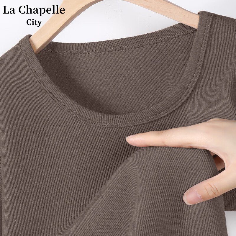 La Chapelle City拉夏贝尔圆领短袖T恤夏季女装2024设计感修身显瘦辣妹风半袖 浅咖-纯色 L